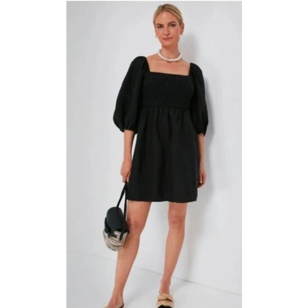 Tuckernuck NWOT Annie Smocked Mini Dress XS Black Linen Puff Sleeve Resort Wear - Picture 9 of 10